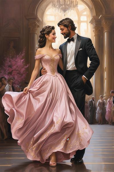 تصویر زوج زیبا با لباس رسمی در حال رقص برای پوستر پذیرایی مجلل