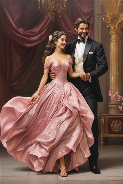 عکس رقص زوج رمانتیک با لباس صورتی برای تابلو دکوراتیو کلاسیک