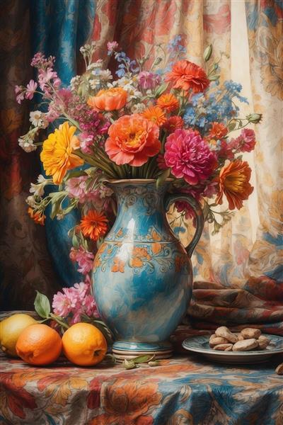 طرح گلدان آبی دسته‌دار با گل‌های رنگی و میوه برای چاپ