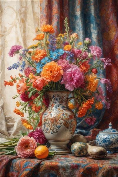 عکس گلدان کلاسیک با گل‌های صورتی و نارنجی با میوه برای تابلو دیواری