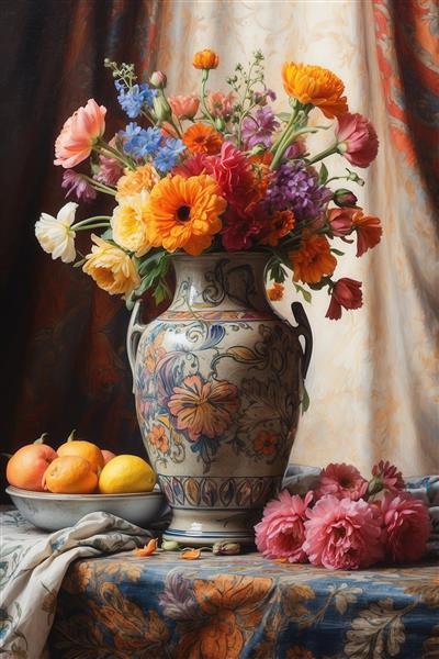 عکس گلدان عتیقه با گل‌های آفتابی و پرتقال و لیمو برای چاپ عریض