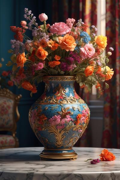 تصویر گلدان مجلل آبی با گل‌های رز نارنجی و صورتی برای دکوراسیون شیک