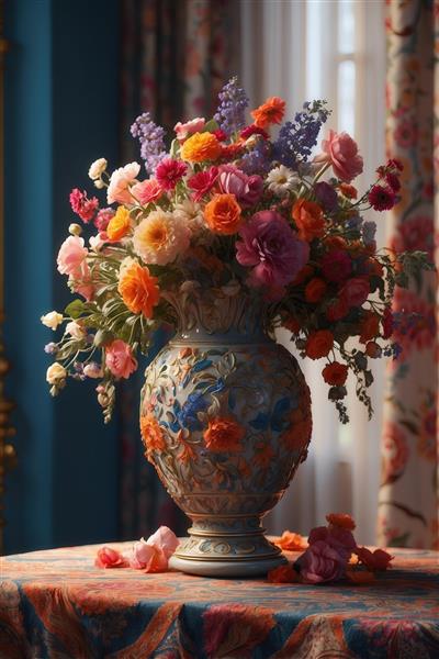 طرح گلدان عتیقه با گل‌های پررنگ مقابل پنجره برای پوستر باکیفیت