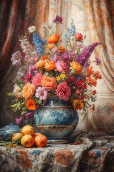 عکس گلدان آبی با گل‌های نارنجی و صورتی در فضای کلاسیک برای چاپ