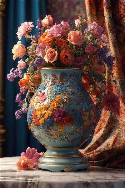 تصویر گلدان برجسته فیروزه‌ای با گل‌های صورتی و تزئینات طلایی برای چاپ