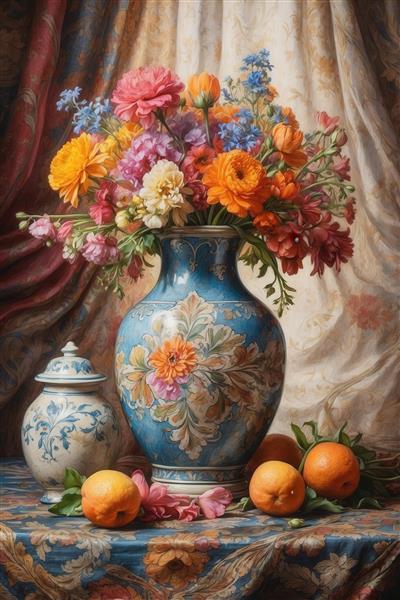 طرح گلدان آبی نفیس با گل‌های نارنجی و پرتقال روی میز برای تابلو