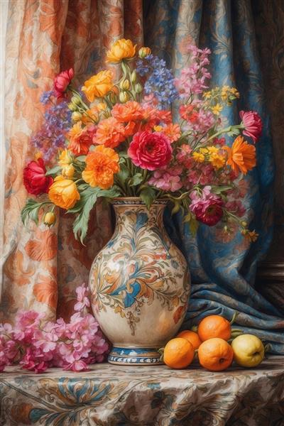 عکس گلدان کلاسیک با گل‌های پاییزی و پرتقال و لیمو برای چاپ عریض