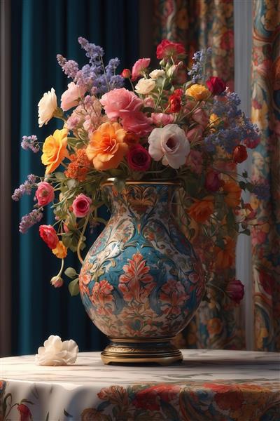 تصویر گلدان سنتی با گل‌های رز صورتی و نارنجی برای پرده و پوستر