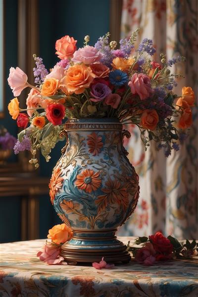 طرح گلدان آنتیک با نقش برجسته گل‌های نارنجی برای دکوراسیون داخلی شیک