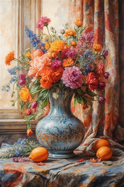 عکس گلدان آبی با گل‌های مجلل و پرتقال کنار پنجره برای تابلو پذیرایی