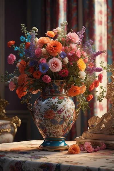 تصویر گلدان چینی طرح‌دار با گل‌های متنوع و پررنگ مناسب چاپ عریض