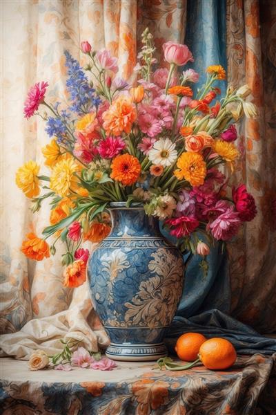 طرح گلدان آبی سنتی با گل‌های رنگی و پرتقال برای پوستر دیواری منزل