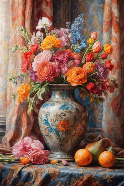عکس نقاشی گل‌های رز و لاله در گلدان قدیمی برای چاپ روی کوسن و ماگ