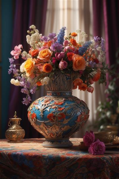 تصویر گلدان فیروزه‌ای مجلل با گل‌های بهاری متنوع برای دکوراسیون شیک