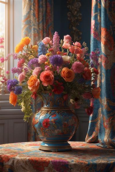 طرح گلدان آبی سلطنتی با گل‌های رز رنگی کنار پنجره برای پوستر