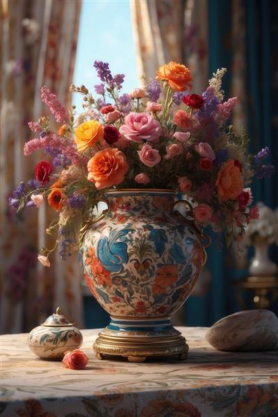 عکس گلدان سلطنتی گل‌های سرخ و نارنجی برای تابلو دکوراتیو پذیرایی شیک