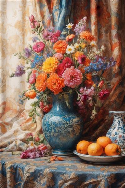 تصویر گلدان آبی عتیقه با گل‌های رنگارنگ و بشقاب پرتقال برای چاپ