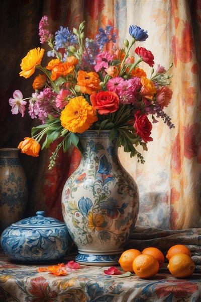 طرح گلدان آنتیک با گل‌های انبوه و پرتقال مناسب چاپ عریض پرده