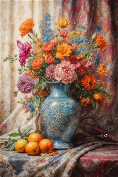 عکس گلدان آبی پر از گل‌های نارنجی و پرتقال برای تابلو منزل باکیفیت