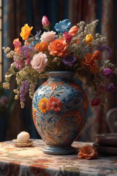 تصویر گلدان سنتی با گل‌های رز و بنفشه برای چاپ روی کوسن و روتختی