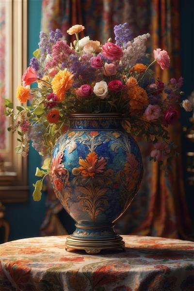 طرح گلدان برجسته آبی با گل‌های بهاری متنوع برای پوستر دیواری منزل