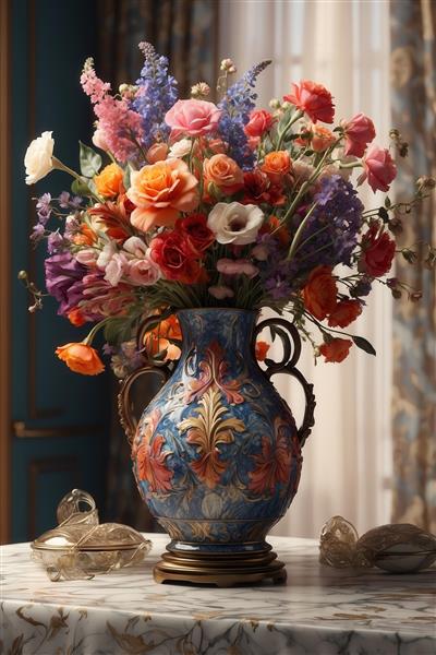 عکس گل‌های رز پررنگ در گلدان سلطنتی دکوراتیو برای تابلو پذیرایی