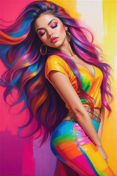 طرح پرتره دختر با موهای رنگین‌کمان نئونی برای تابلو و چاپ عریض