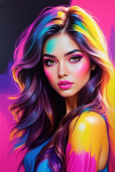 طرح پرتره دختر با موهای رنگین‌کمان نئونی برای تابلو دیواری فانتزی