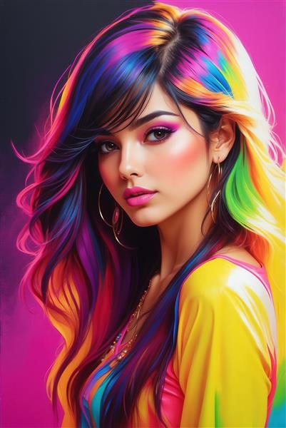 تصویر پرتره دختر با موهای نئونی آبرنگی برای چاپ روی ماگ و کوسن