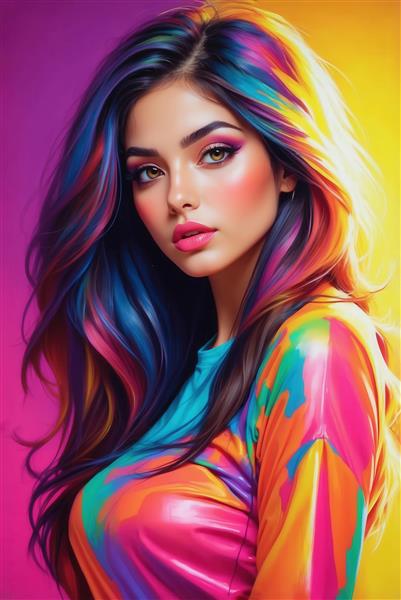 طرح پرتره زن با لباس و موهای رنگین‌کمان نئونی برای تابلو فانتزی