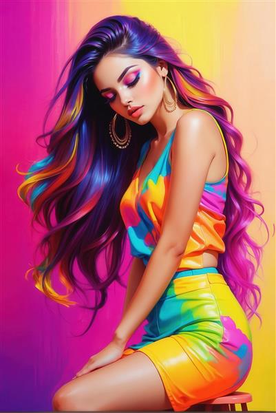 تصویر زن جوان با لباس رنگین‌کمان نئونی برای پوستر اتاق نوجوان