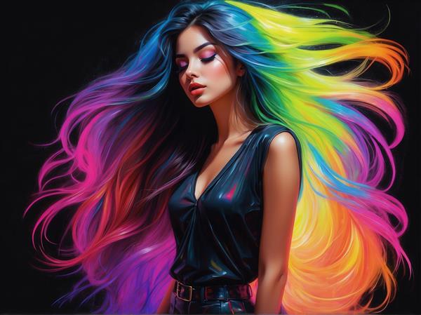 طرح زن با موهای بلند رنگین‌کمان نئونی برای تابلو دکوراتیو مدرن