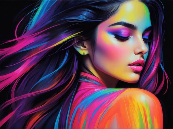 طرح پرتره زن با مو و شانه رنگین‌کمان نئونی در زمینه تیره