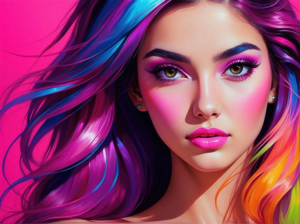 تصویر پرتره دختر با موهای بلند نئونی صورتی باکیفیت برای چاپ