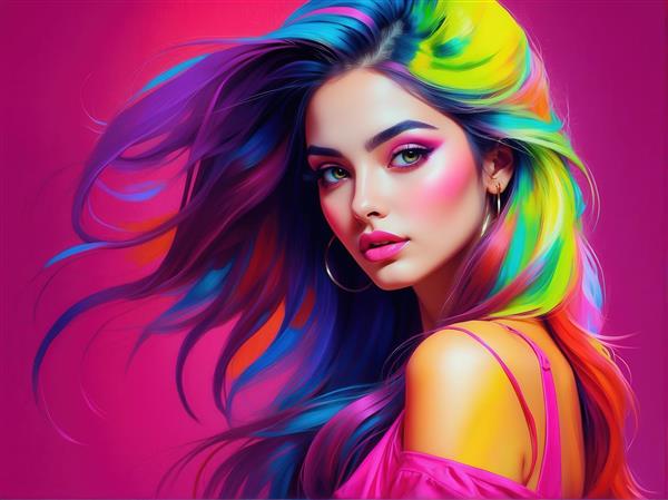 عکس زن با موهای بلند رنگین‌کمان و نور نئونی باکیفیت برای چاپ