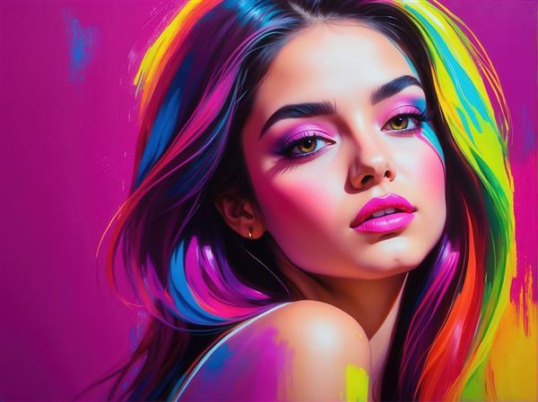 طرح پرتره نزدیک زن با آرایش نئونی صورتی برای چاپ روی بوم