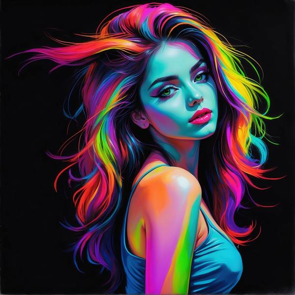 طرح زن با موهای آشفته رنگین‌کمان نئونی برای چاپ روی کوسن