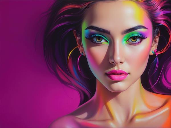 تصویر پرتره زن با آرایش نئونی رنگین‌کمان برای پوستر دیواری فانتزی