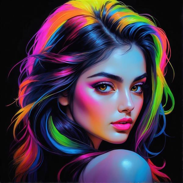 عکس پرتره دختر جذاب با موهای رنگین‌کمان و نور نئونی باکیفیت