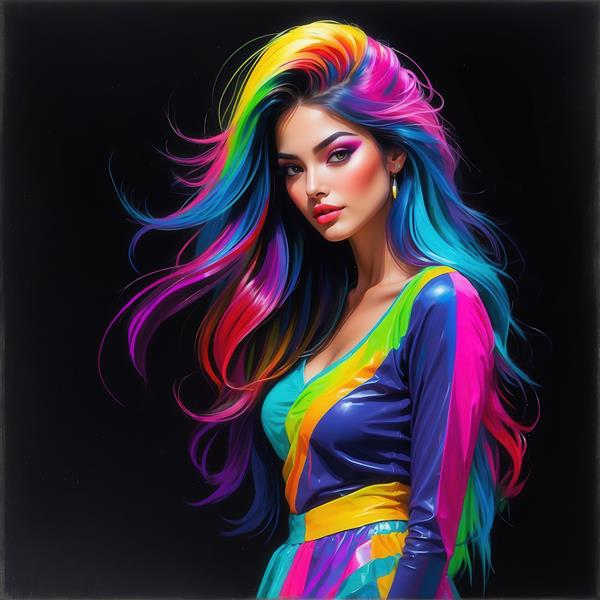 طرح پرتره زن جذاب با لباس و موهای رنگین‌کمان نئونی برای چاپ