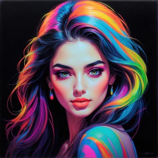 طرح چهره دختر زیبا با موهای رنگین‌کمان نئونی برای تابلوی مربع