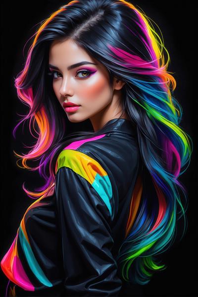 تصویر نزدیک دختر با ژاکت مشکی و موهای رنگین‌کمانی برای چاپ