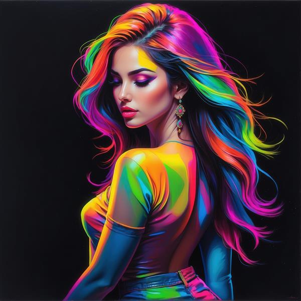 عکس پرتره زن با موهای نئون و لباس رنگارنگ برای تابلوی هنری