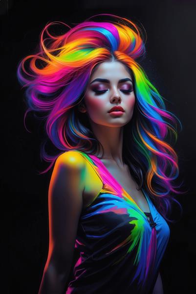 طرح چهره دختر با موهای رنگی پرحجم برای تابلوی اتاق خواب