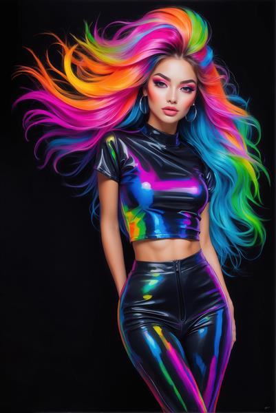 عکس مدل زن با موهای رنگارنگ و لباس چرمی براق نئونی