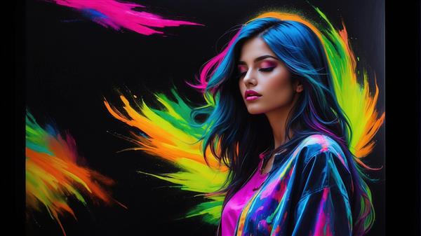 طرح پرتره دخترانه با موهای آبی و رنگ‌های پاشیده نئونی