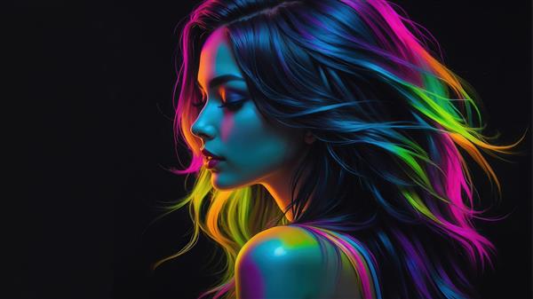 تصویر چهره دختر با موهای تیره و نئون رنگی برای تابلوی هنری
