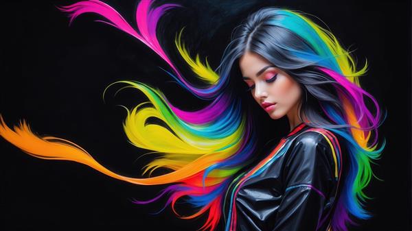 عکس پرتره دختر با موهای رنگارنگ و ژاکت چرمی تیره