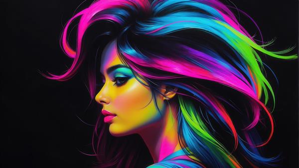 طرح نیم‌رخ دختر با موی نئون رنگی برای چاپ روی ماگ و کوسن