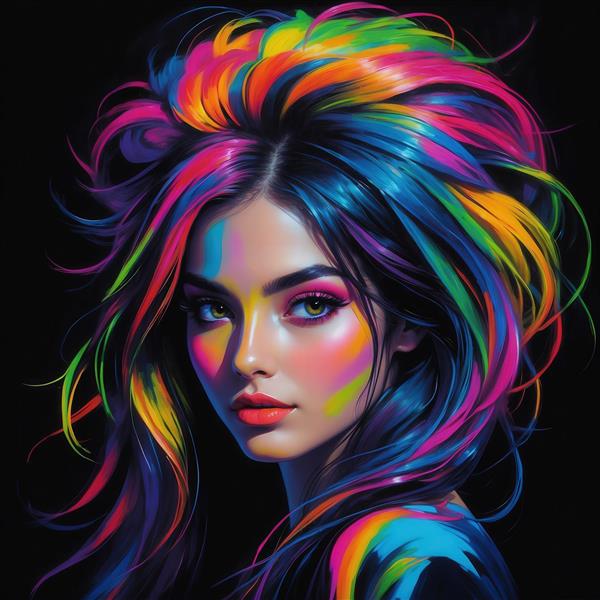 عکس چهره دختر با موهای بلند نئونی برای تابلوی دکوراتیو منزل